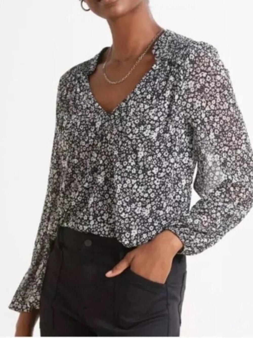 Evereve | Shay Floral Mesh Top Smocked Blouse Black & White Size S